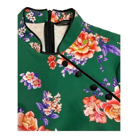 ZARA WOMAN Cheongsam Mini Dress Mandarin Collar Green Floral Size Small - Picture 7 of 16